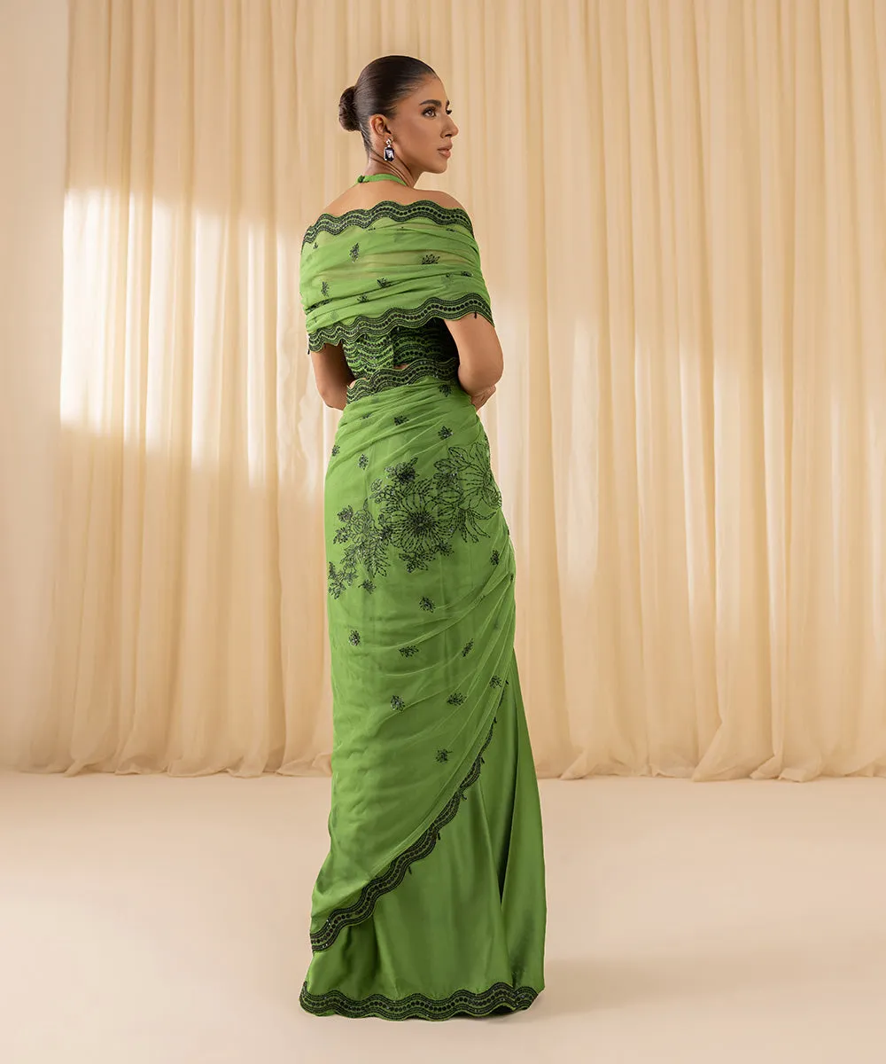 3 Piece -  Embroidered Net Saree