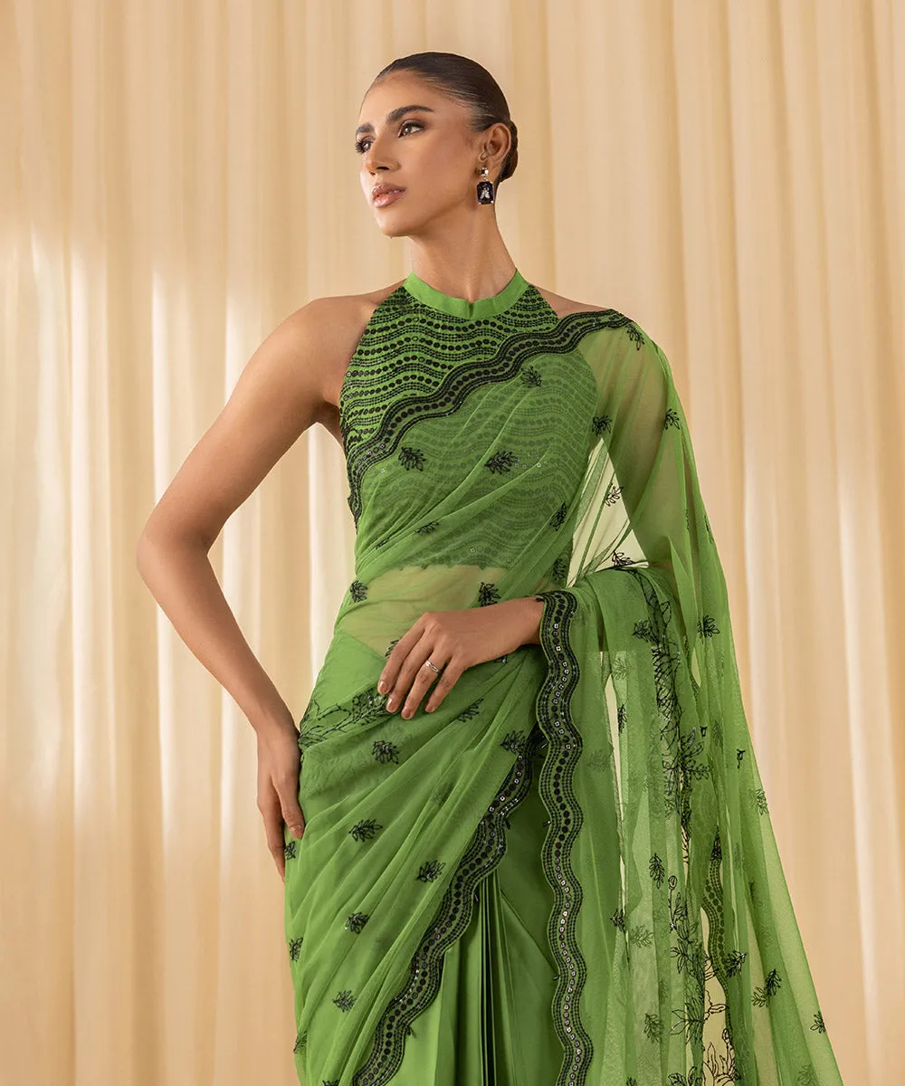 3 Piece -  Embroidered Net Saree