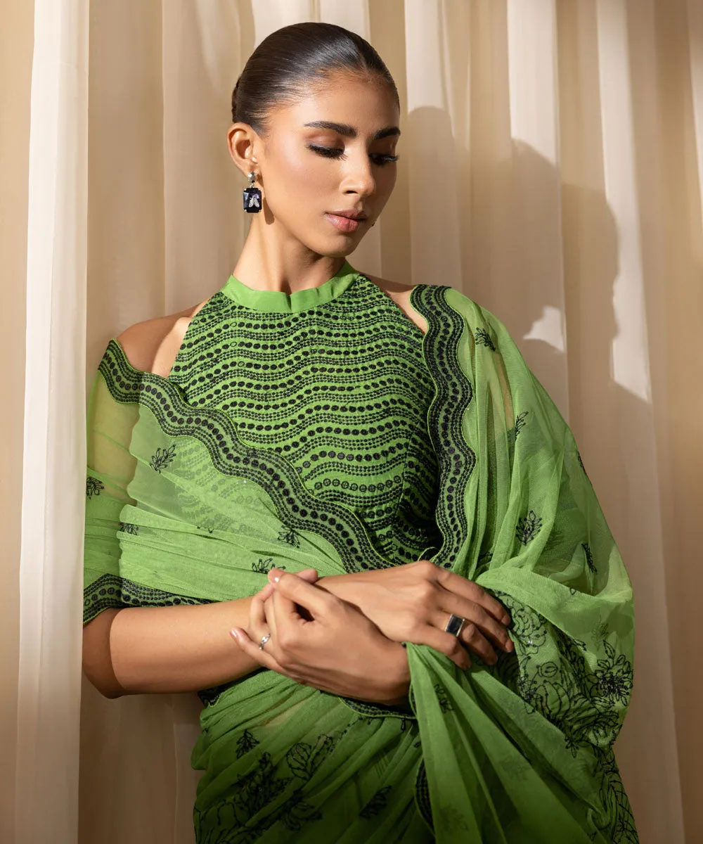 3 Piece -  Embroidered Net Saree
