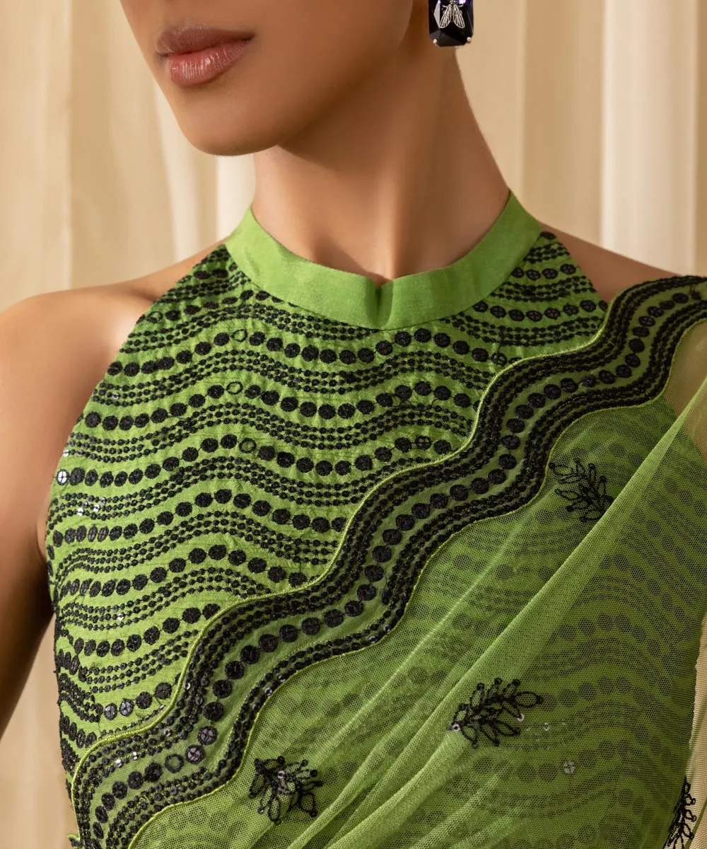 3 Piece -  Embroidered Net Saree