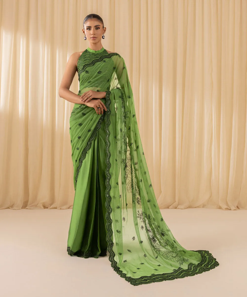 3 Piece -  Embroidered Net Saree