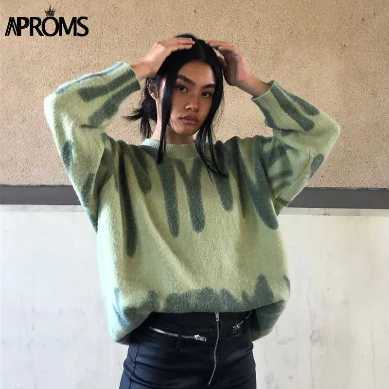 Aproms Elegant Green Striped Print Pullovers Women Winter O-Neck Loose Long Sweaters Streetwear Warm Outerwear 2022