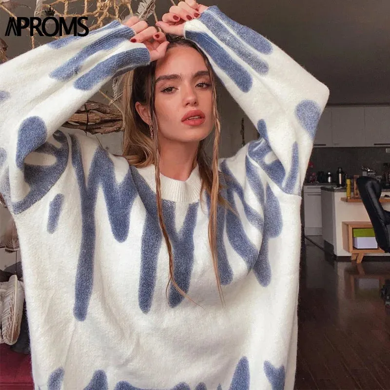 Aproms Elegant Green Striped Print Pullovers Women Winter O-Neck Loose Long Sweaters Streetwear Warm Outerwear 2022