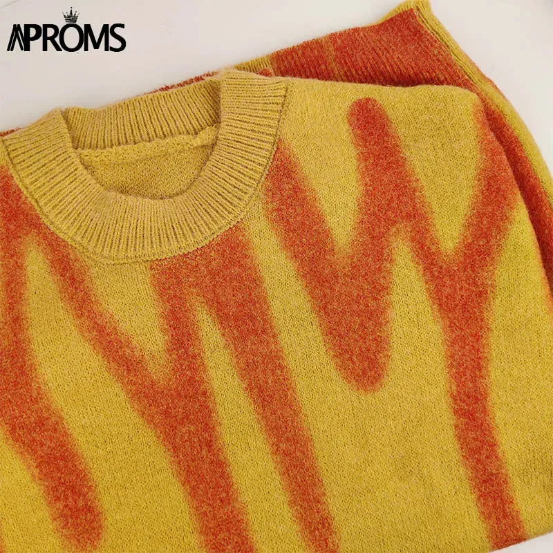 Aproms Elegant Green Striped Print Pullovers Women Winter O-Neck Loose Long Sweaters Streetwear Warm Outerwear 2022