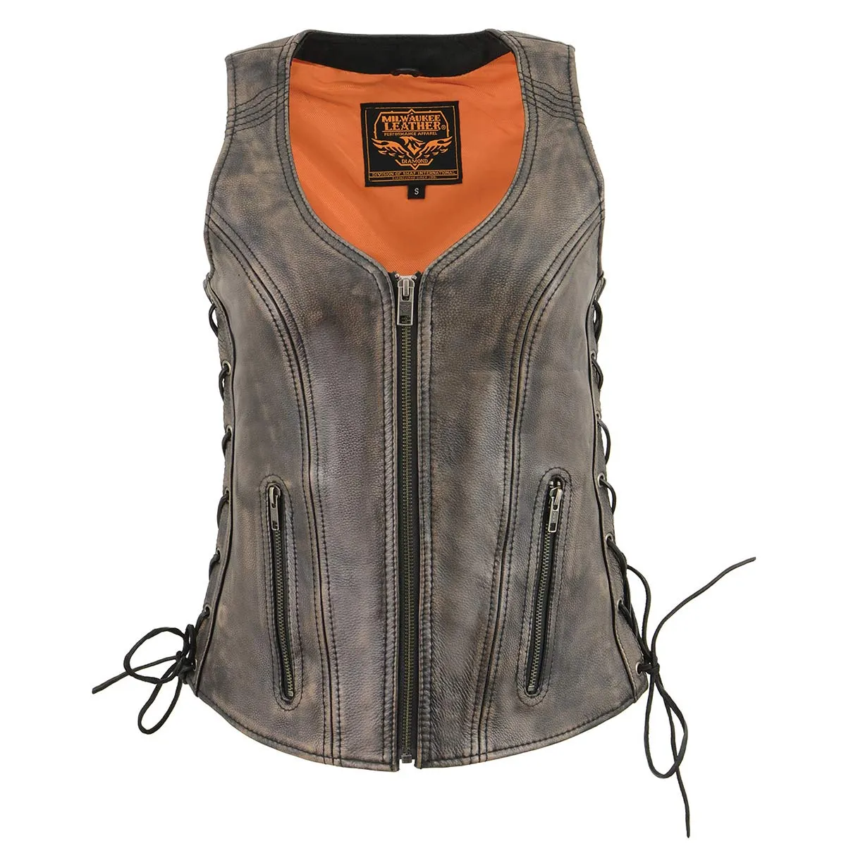 BROWN MLL4531 Women's Distress Brown Leather Open V-Neck Side Lace Stitching Detail Motorcycle Rider Vest