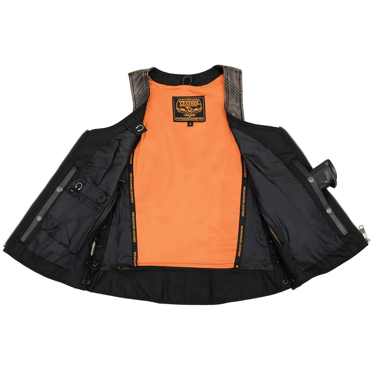 BROWN MLL4531 Women's Distress Brown Leather Open V-Neck Side Lace Stitching Detail Motorcycle Rider Vest