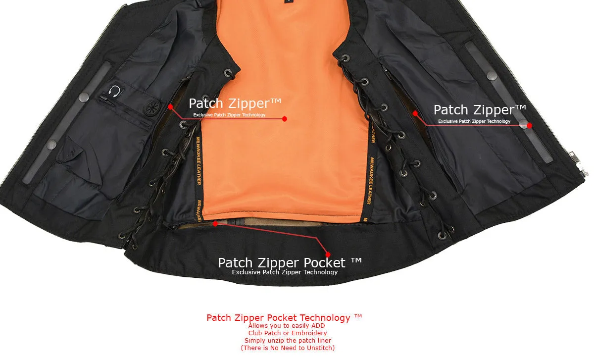 BROWN MLL4531 Women's Distress Brown Leather Open V-Neck Side Lace Stitching Detail Motorcycle Rider Vest