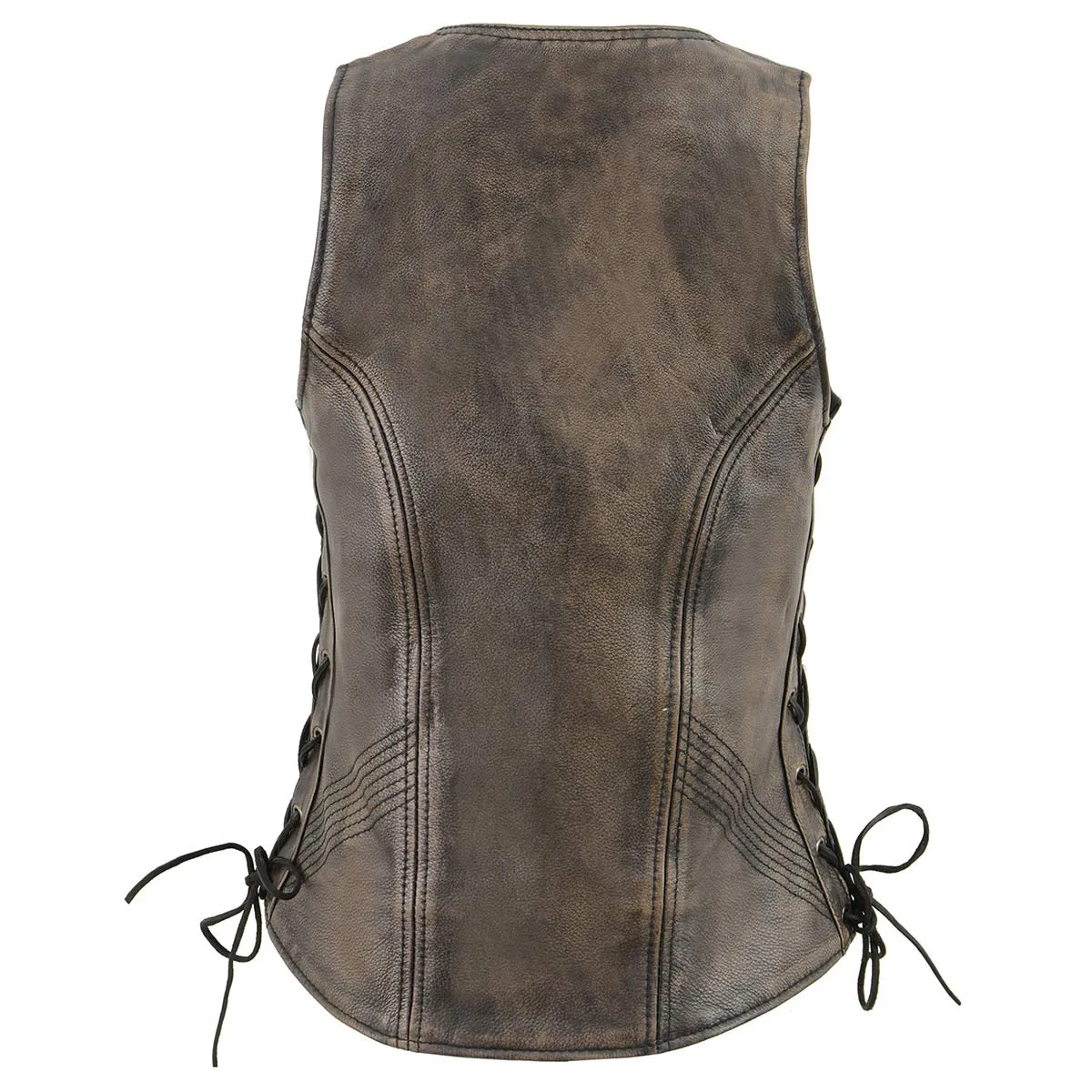 BROWN MLL4531 Women's Distress Brown Leather Open V-Neck Side Lace Stitching Detail Motorcycle Rider Vest