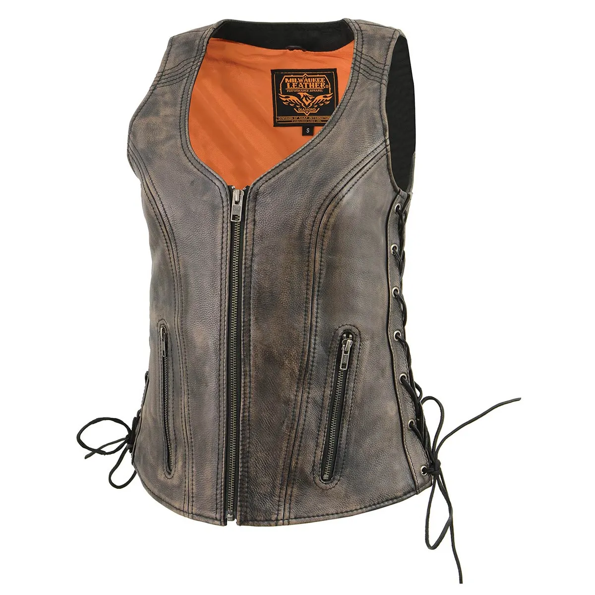 BROWN MLL4531 Women's Distress Brown Leather Open V-Neck Side Lace Stitching Detail Motorcycle Rider Vest