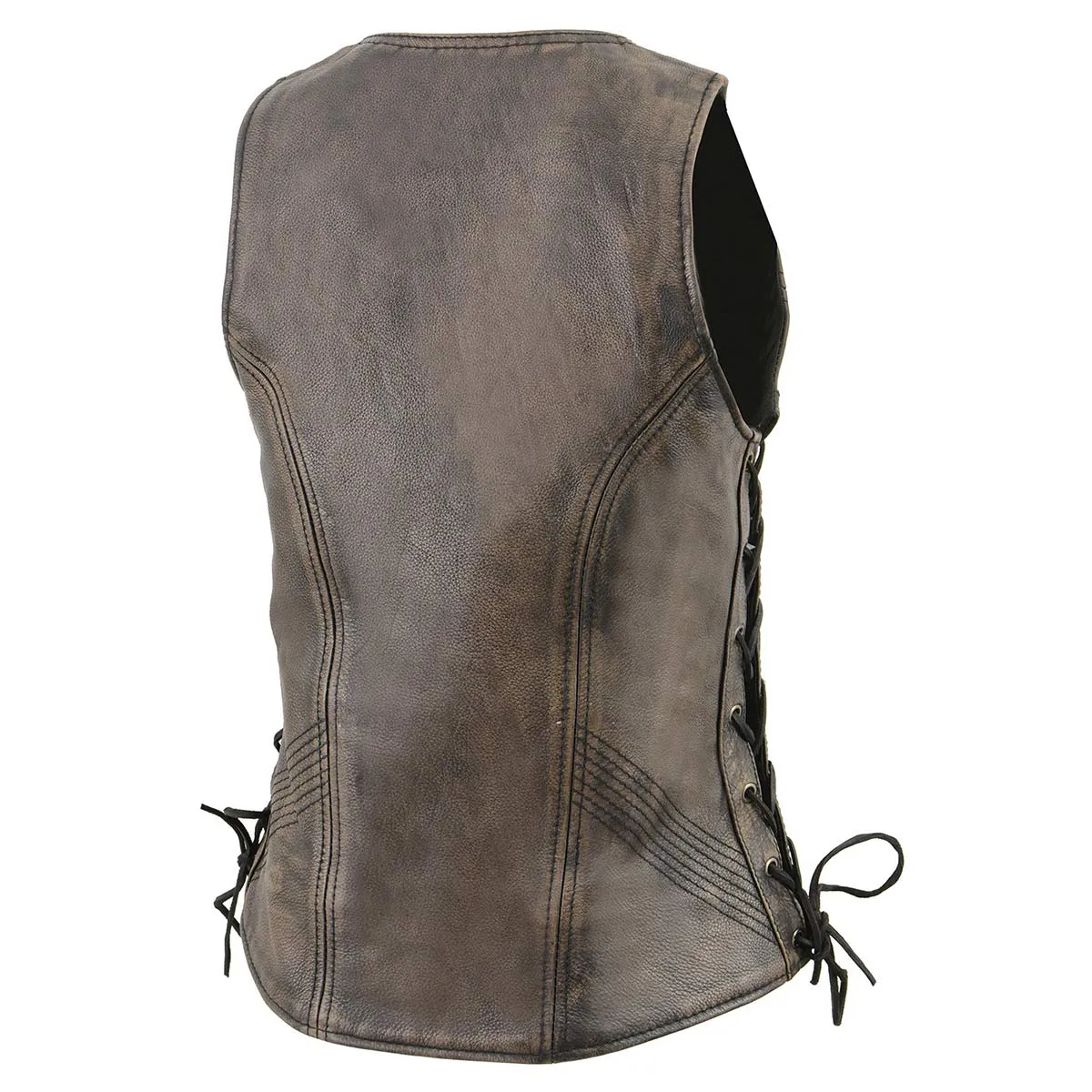 BROWN MLL4531 Women's Distress Brown Leather Open V-Neck Side Lace Stitching Detail Motorcycle Rider Vest