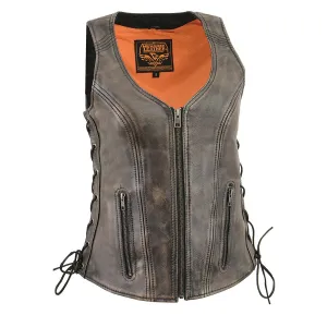 BROWN MLL4531 Women's Distress Brown Leather Open V-Neck Side Lace Stitching Detail Motorcycle Rider Vest