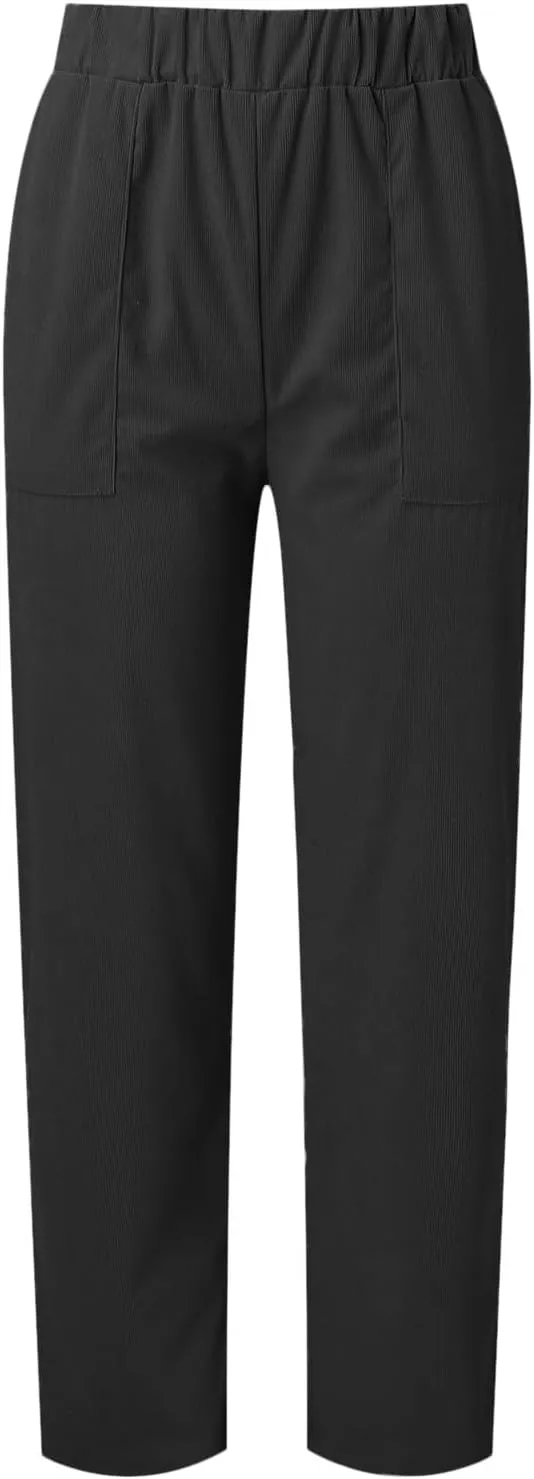 Corduroy Pants Women Casual Elastic High Waist Pants Straight Leg Fashion Pants Loose Fit Comfy Trousers with Pockets