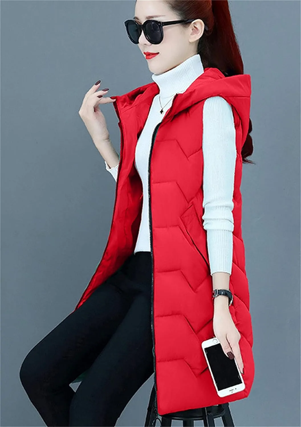 DIACACY Women's Fashion Down Vest Long Section Slim Vest Solid Color Zip Sleeveless Waist coats