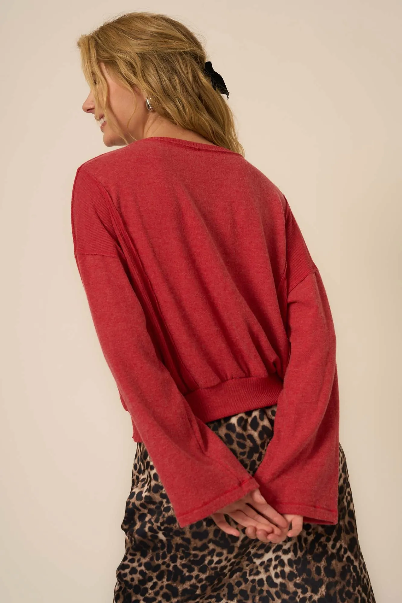 Fairway Heathered Brushed Mixed Rib Long Sleeve - Red Currant