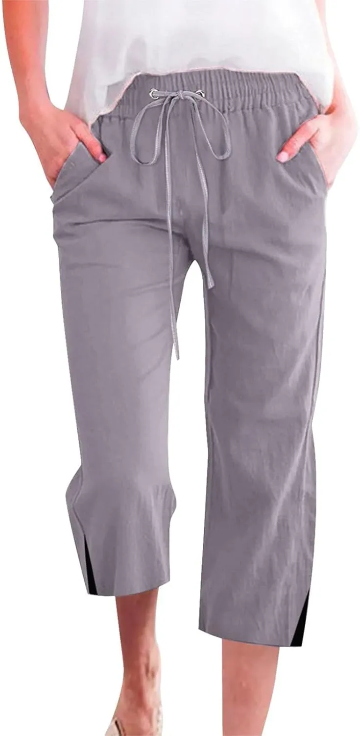 Linen Pants Women Casual Loose High Waist Elastic Drawstring Straight Capri Trousers Solid Summer Beach Pants