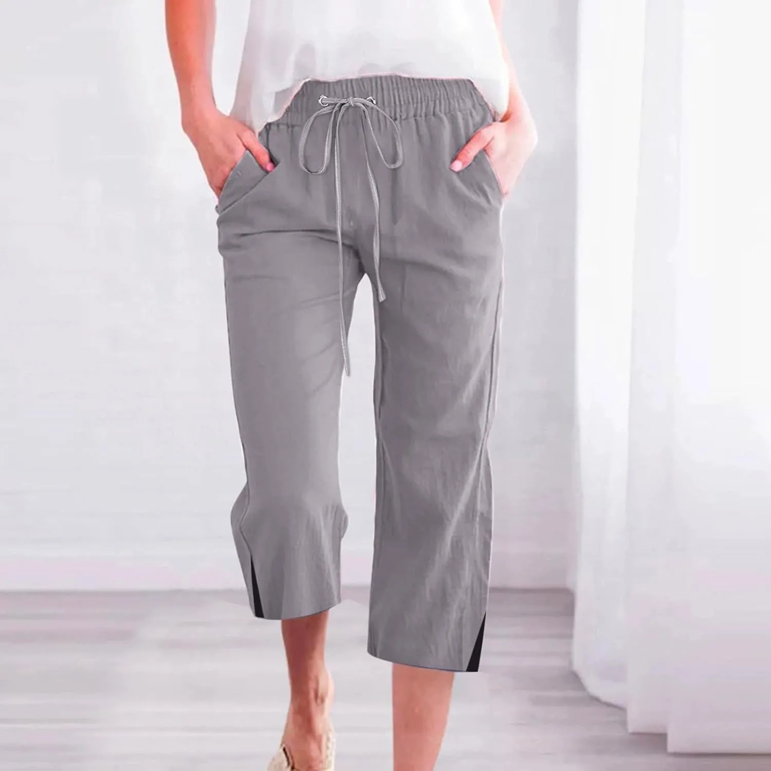 Linen Pants Women Casual Loose High Waist Elastic Drawstring Straight Capri Trousers Solid Summer Beach Pants