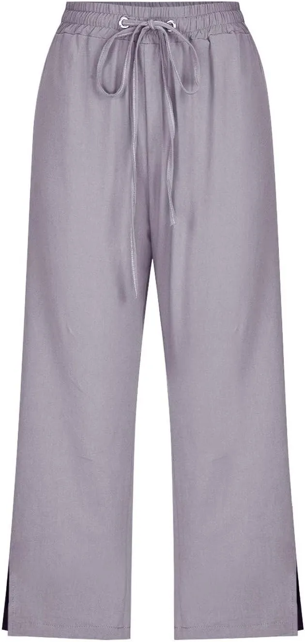 Linen Pants Women Casual Loose High Waist Elastic Drawstring Straight Capri Trousers Solid Summer Beach Pants