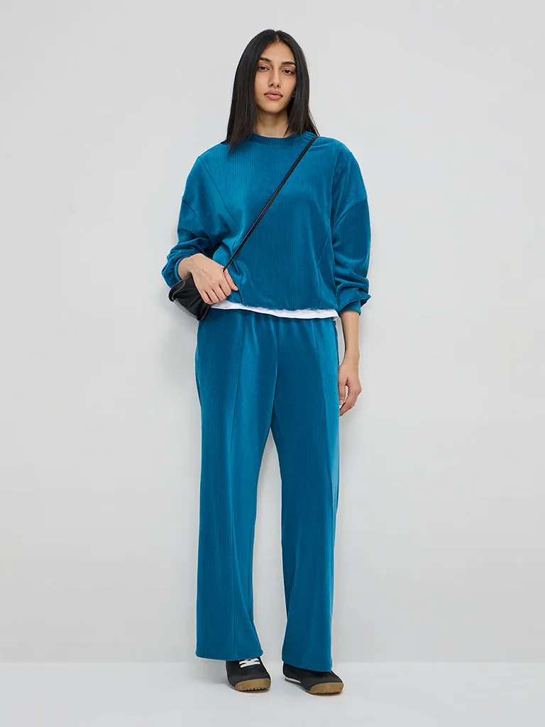 LOV Teal Self-Striped Velveteen Sweatshirt