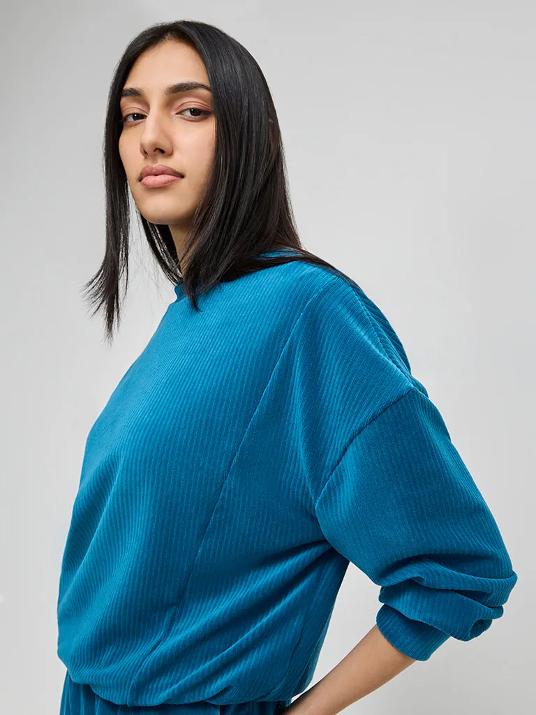LOV Teal Self-Striped Velveteen Sweatshirt