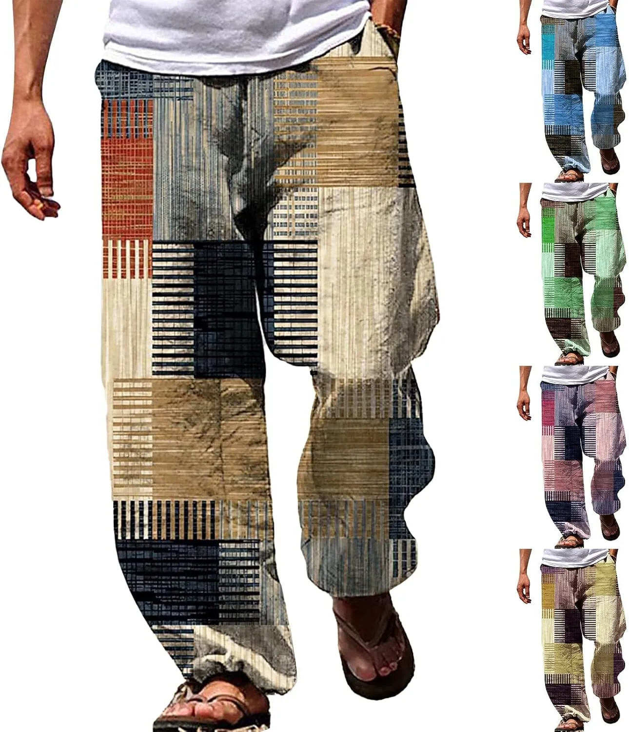 Men Color Block Casual Pants Trendy Irregular Print Slacks Drawstring Relaxed Fit Beach Vacation Trousers for Summer