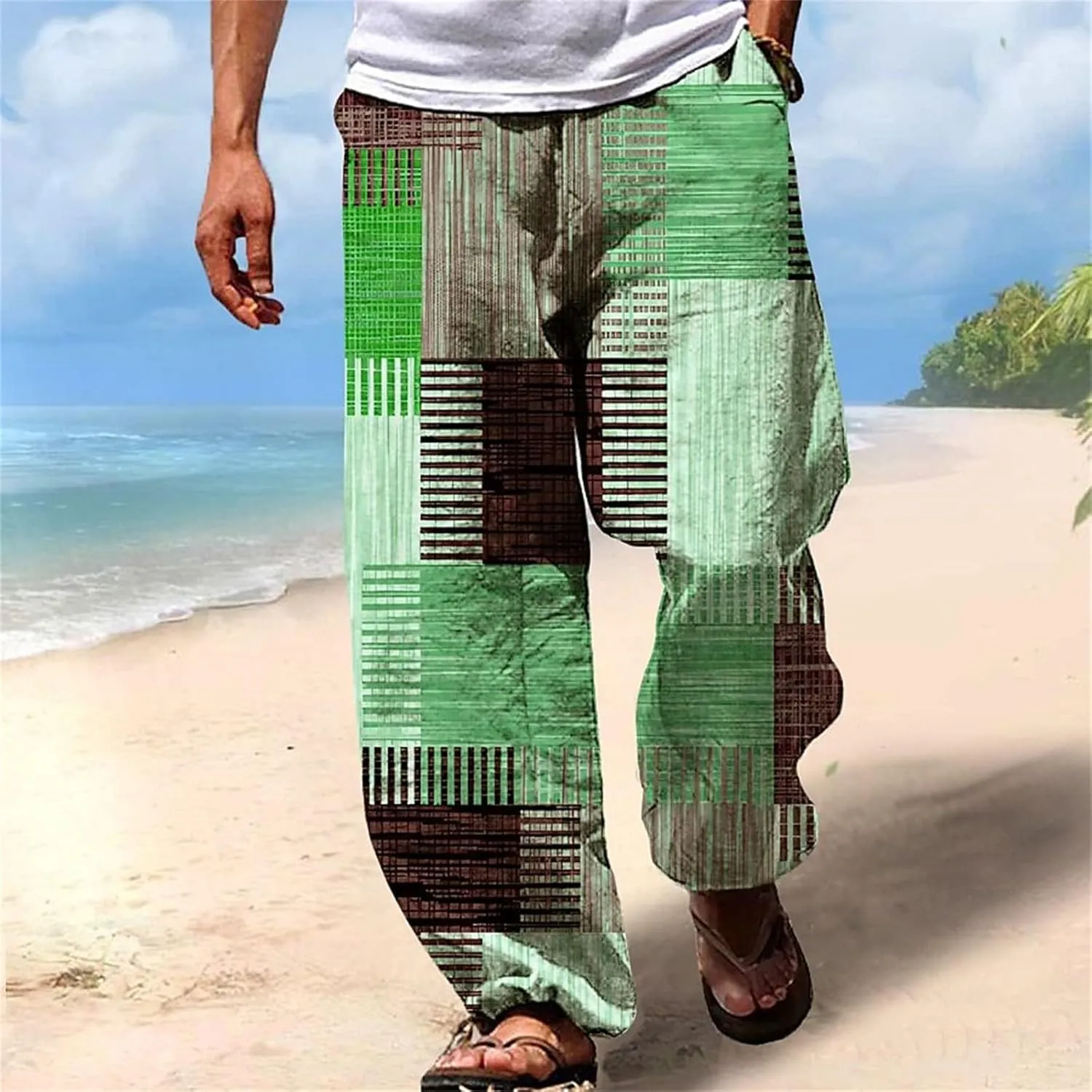 Men Color Block Casual Pants Trendy Irregular Print Slacks Drawstring Relaxed Fit Beach Vacation Trousers for Summer