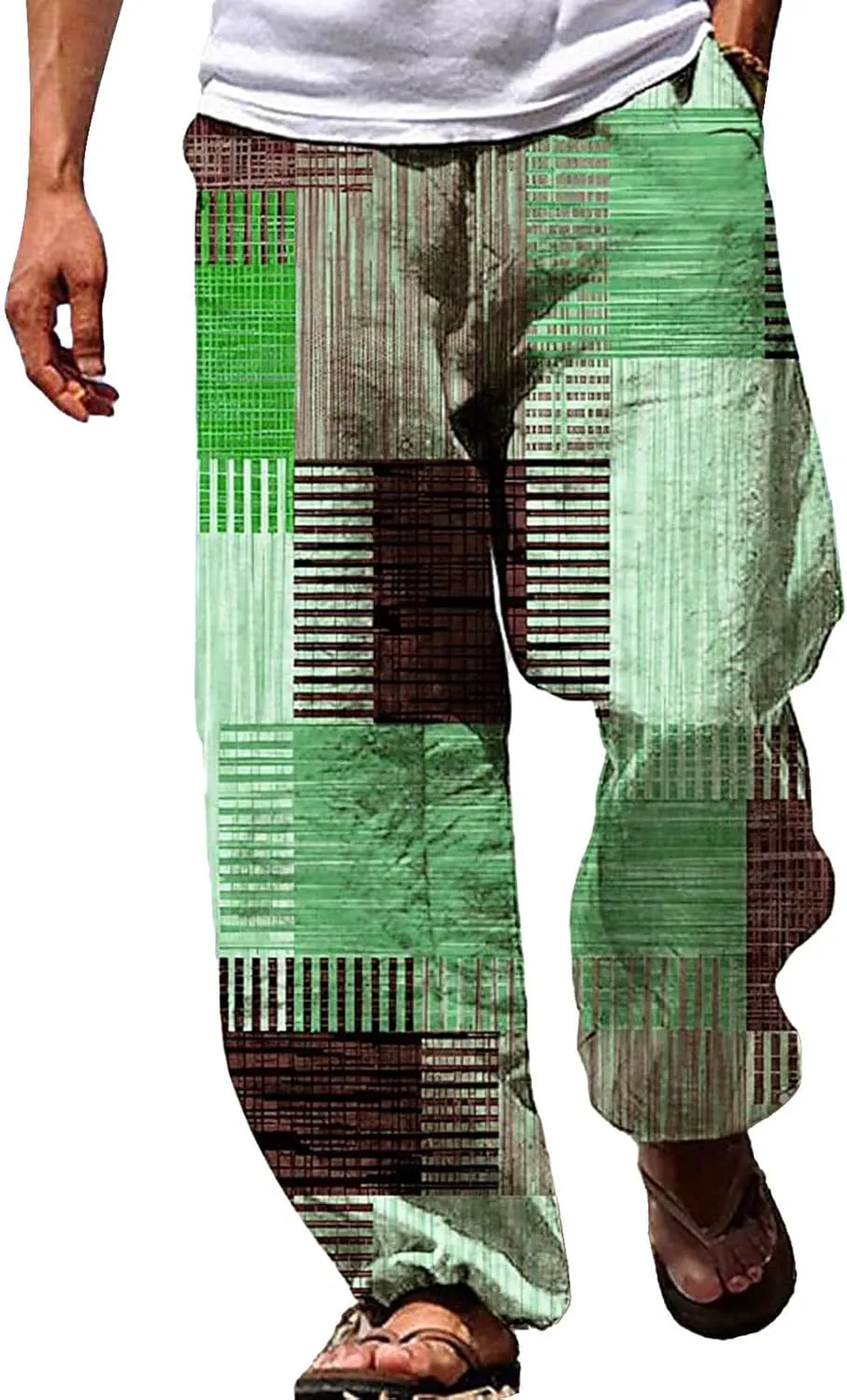 Men Color Block Casual Pants Trendy Irregular Print Slacks Drawstring Relaxed Fit Beach Vacation Trousers for Summer
