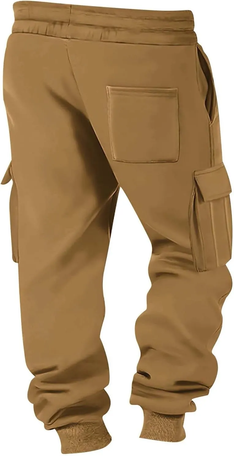 Men's Running Cargo Pants Wide Elastic Waist Pants with Multi-Pocket Relaxed Drawstring Comfy Trousers