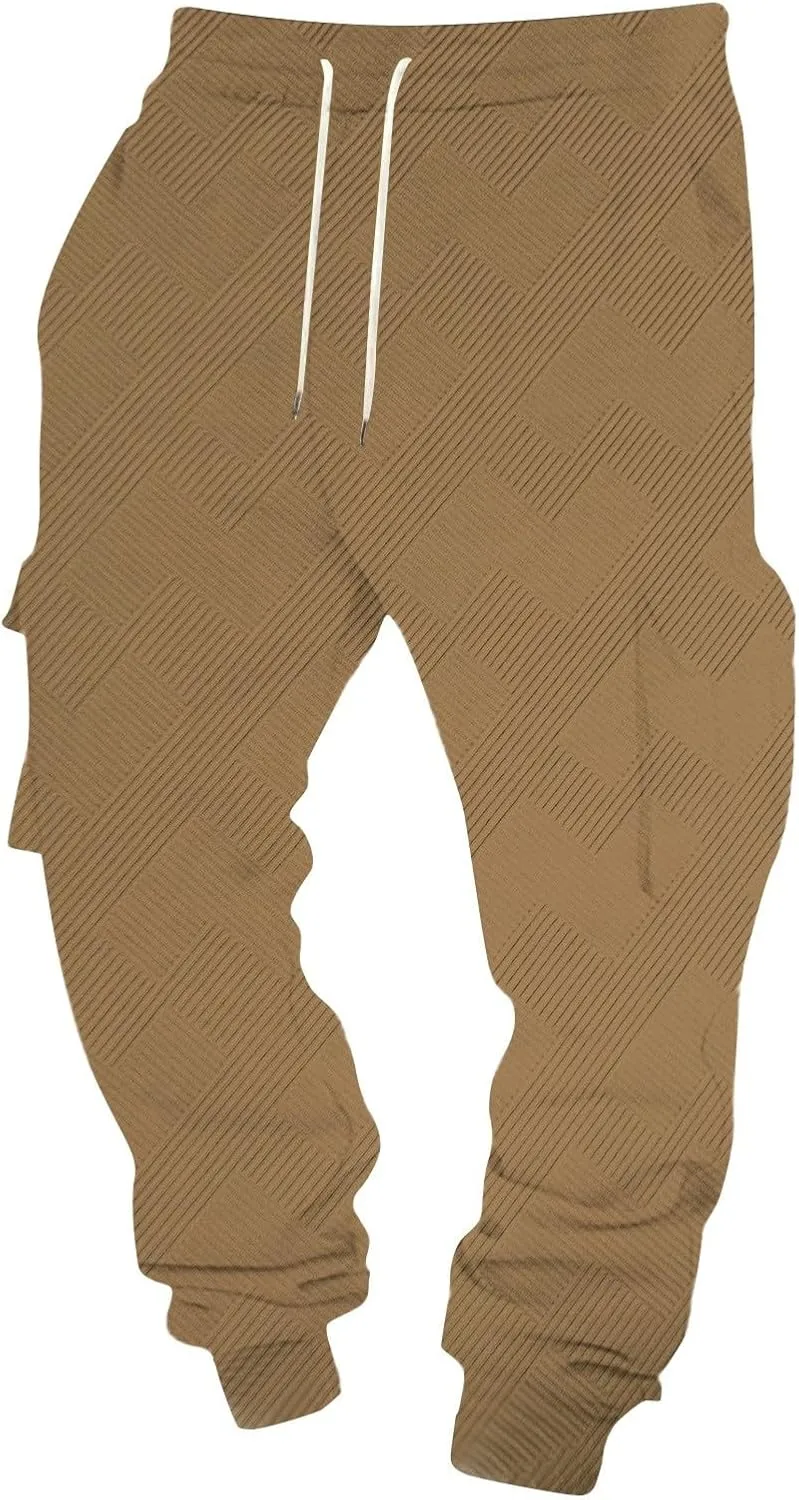 Men's Running Cargo Pants Wide Elastic Waist Pants with Multi-Pocket Relaxed Drawstring Comfy Trousers