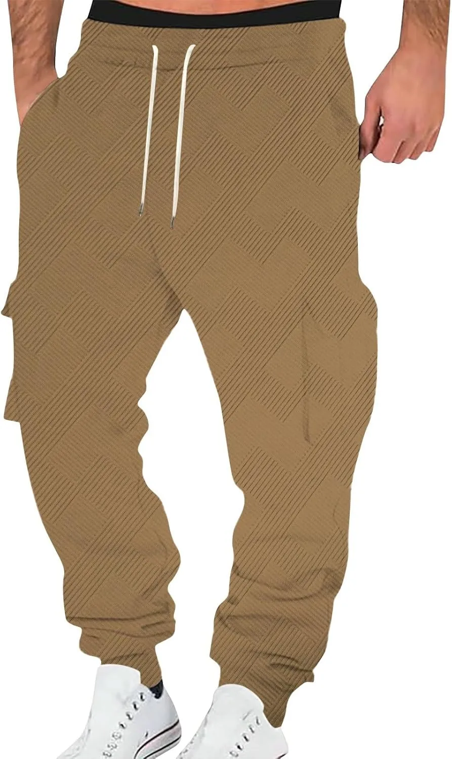 Men's Running Cargo Pants Wide Elastic Waist Pants with Multi-Pocket Relaxed Drawstring Comfy Trousers