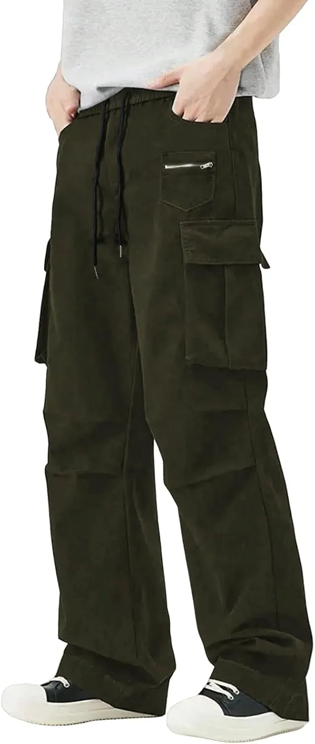 Mens Travel Cargo Pants Casual Elastic Waist Pants with Multi-Pocket Relaxed Drawstring Comfy Trousers