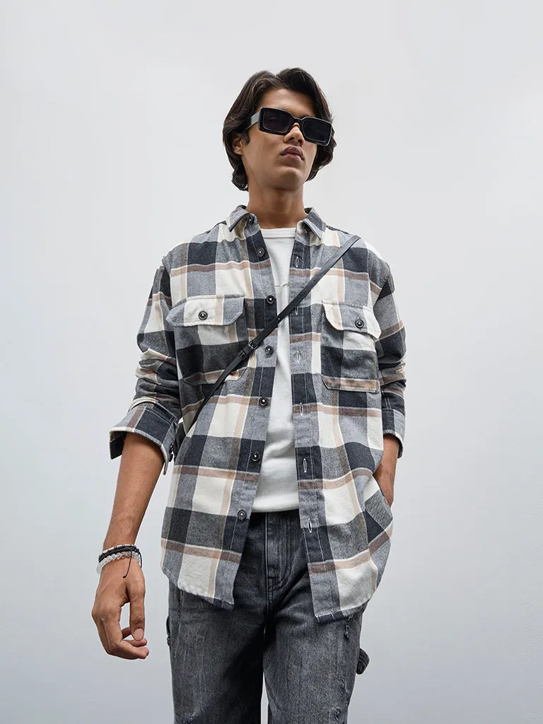 Nuon Charcoal Checkered Relaxed-Fit Cotton-Blend Shirt
