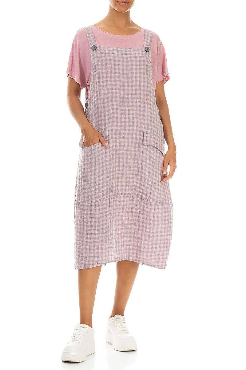 Pink Check Linen Dungaree Dress