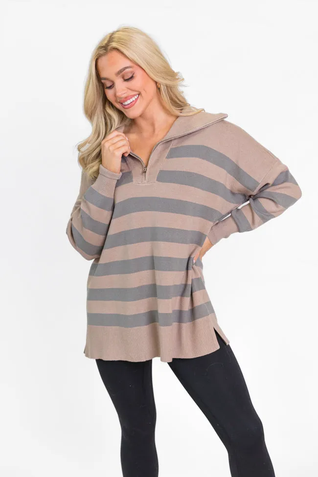 Pulling Heartstrings Taupe Striped Quarter Zip Pullover FINAL SALE