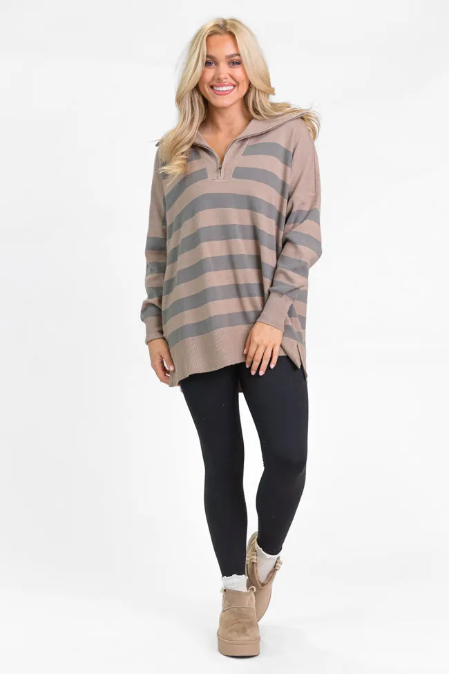 Pulling Heartstrings Taupe Striped Quarter Zip Pullover FINAL SALE