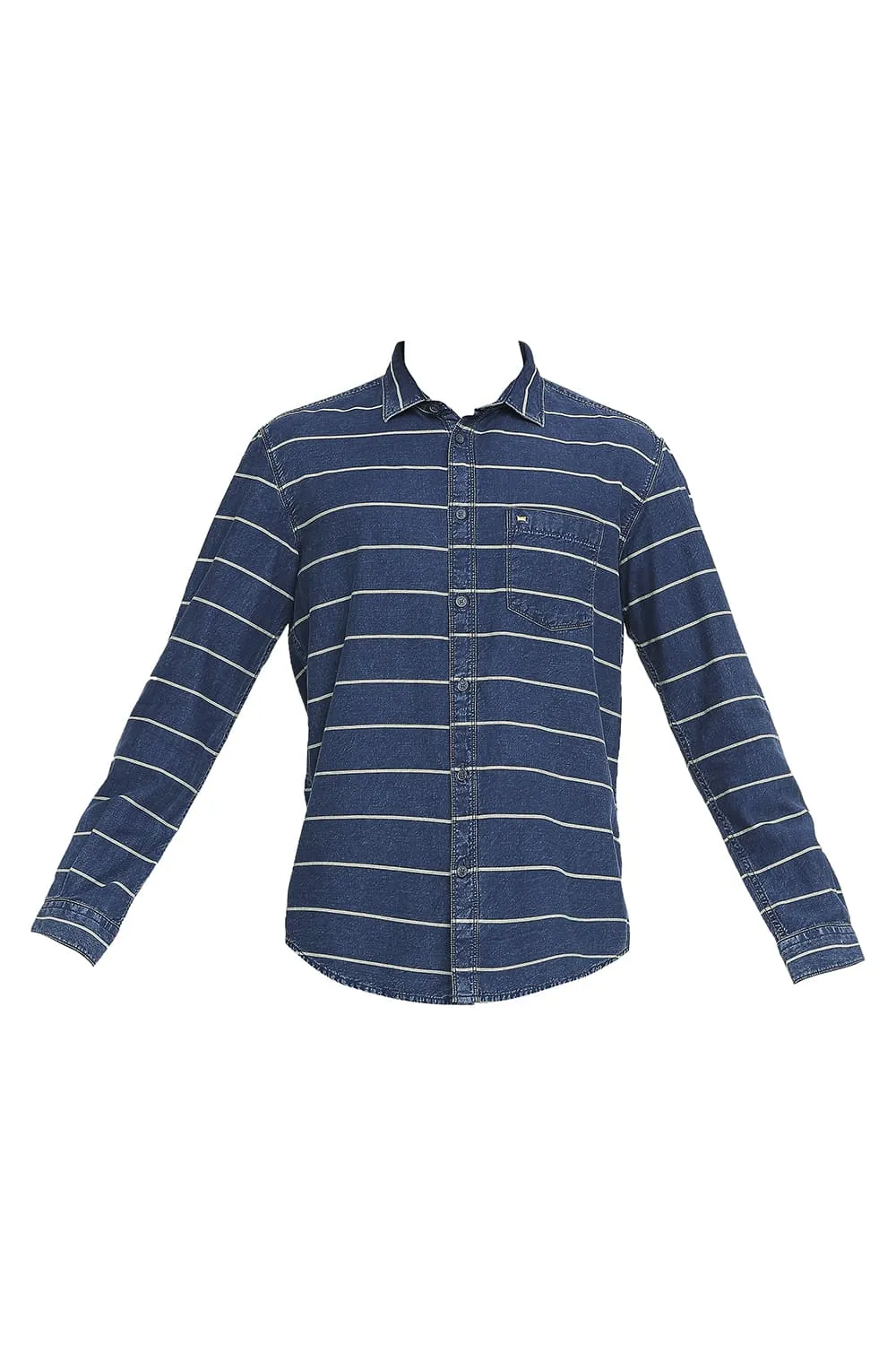 Slim Fit Cotton Indigo Twill Weft Stripe Shirt