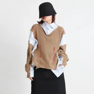 Vintage Patchwork Striped Pullovers For Women Lapel Long Sleeve Loose Colorblock Casual Sweater Female Clothing