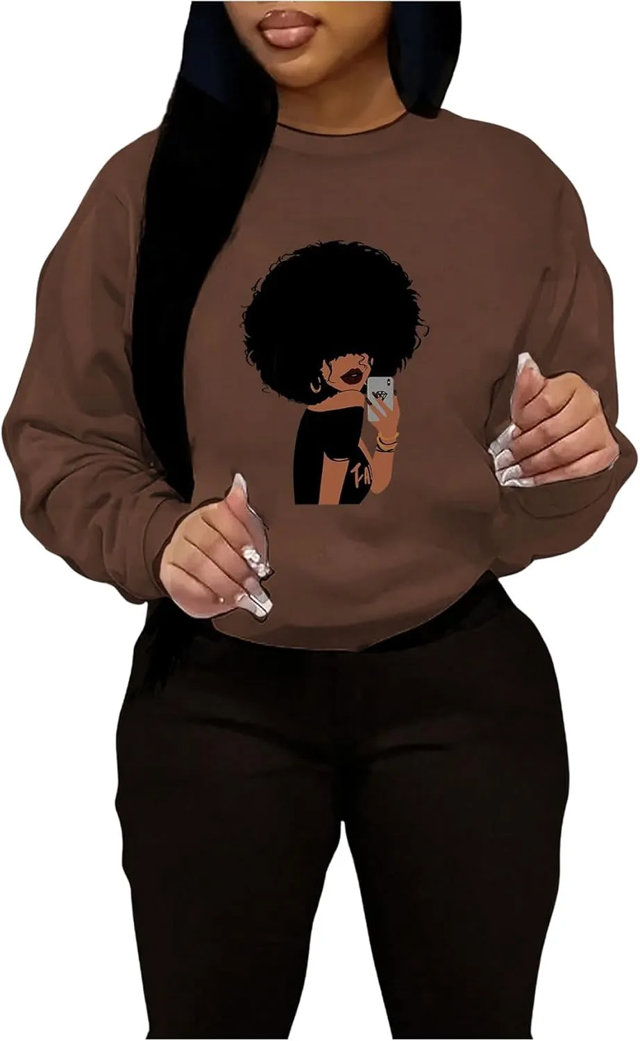 WDIRARA Women's Figure Graphic Sweatshirt Crewneck Long Sleeve Pullovers Top