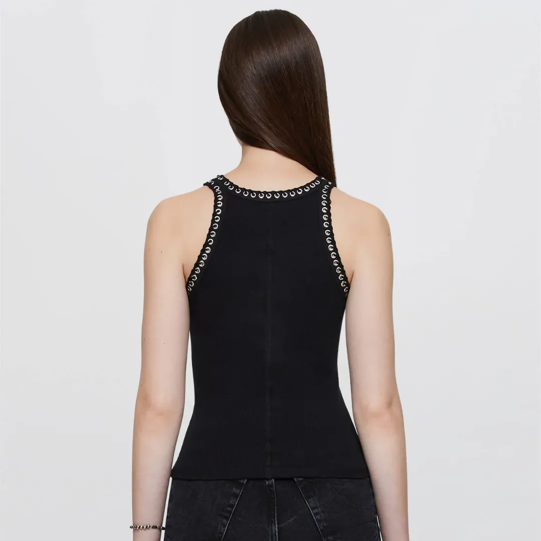 Whipstitch Ribbed Tank Top (Black   Black)