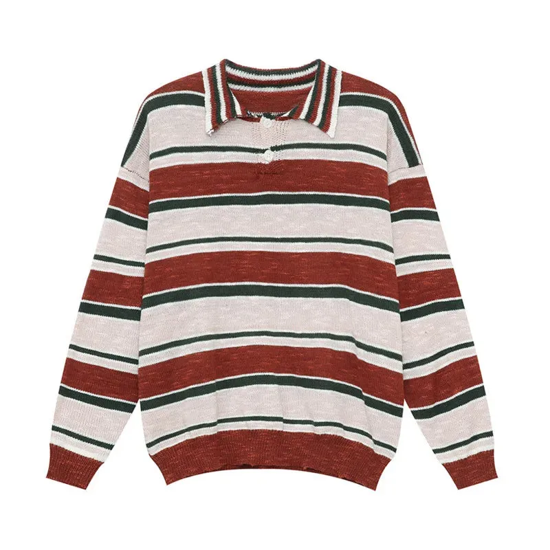 Wiaofellas  -  baggy jeans American Style Men's Contract Color Striped Pullovers Casual Lapel Knitted Sweater Loose Male Clothing Autumn