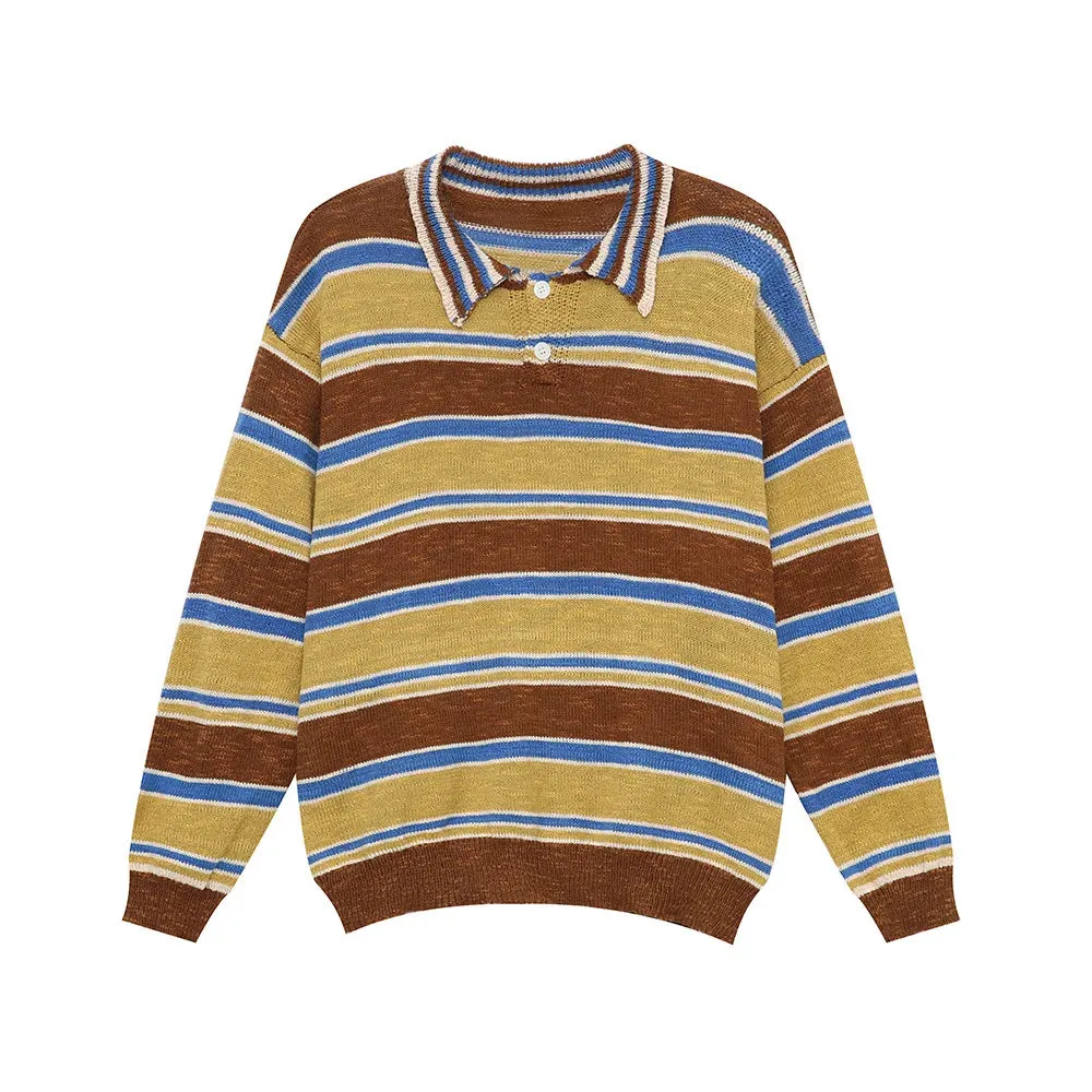 Wiaofellas  -  baggy jeans American Style Men's Contract Color Striped Pullovers Casual Lapel Knitted Sweater Loose Male Clothing Autumn