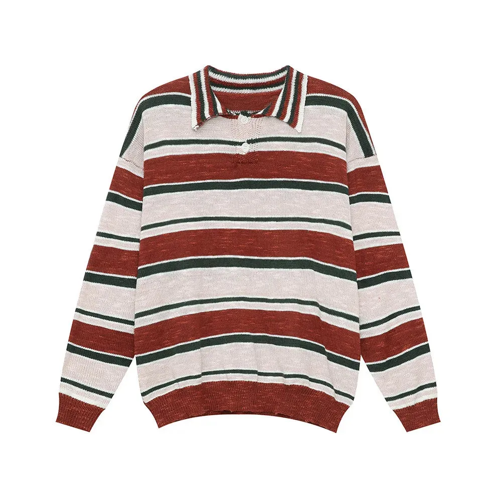 Wiaofellas  -  baggy jeans American Style Men's Contract Color Striped Pullovers Casual Lapel Knitted Sweater Loose Male Clothing Autumn