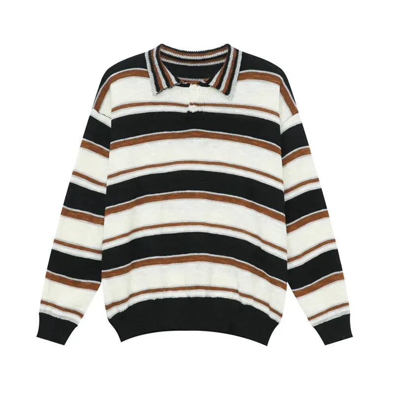 Wiaofellas  -  baggy jeans American Style Men's Contract Color Striped Pullovers Casual Lapel Knitted Sweater Loose Male Clothing Autumn
