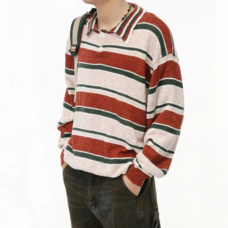 Wiaofellas  -  baggy jeans American Style Men's Contract Color Striped Pullovers Casual Lapel Knitted Sweater Loose Male Clothing Autumn