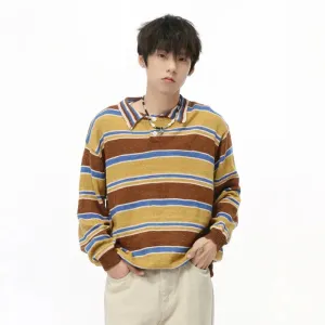 Wiaofellas  -  baggy jeans American Style Men's Contract Color Striped Pullovers Casual Lapel Knitted Sweater Loose Male Clothing Autumn