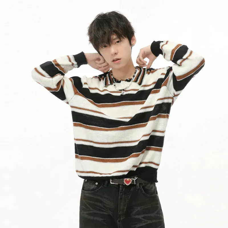 Wiaofellas  -  baggy jeans American Style Men's Contract Color Striped Pullovers Casual Lapel Knitted Sweater Loose Male Clothing Autumn