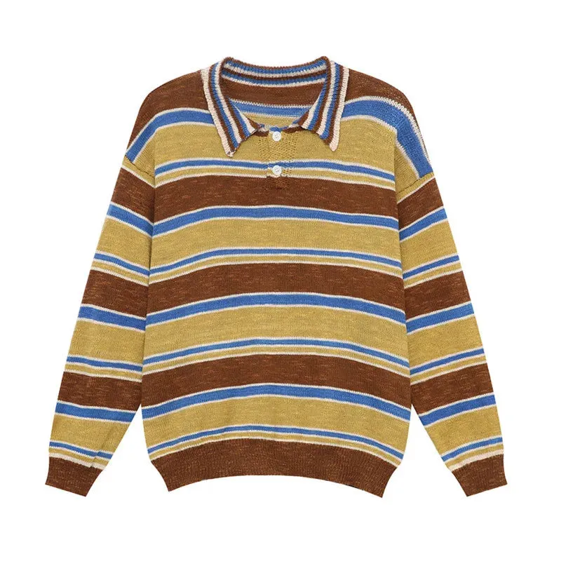 Wiaofellas  -  baggy jeans American Style Men's Contract Color Striped Pullovers Casual Lapel Knitted Sweater Loose Male Clothing Autumn