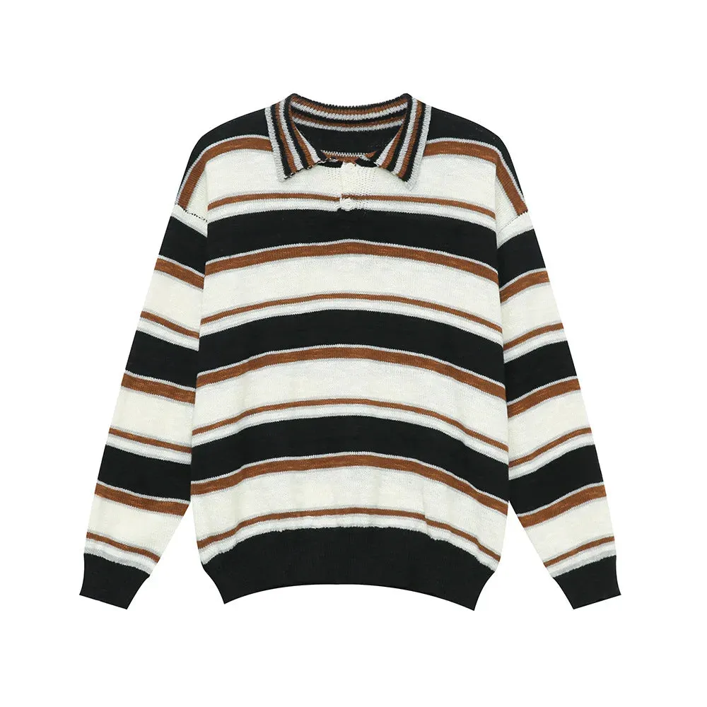 Wiaofellas  -  baggy jeans American Style Men's Contract Color Striped Pullovers Casual Lapel Knitted Sweater Loose Male Clothing Autumn