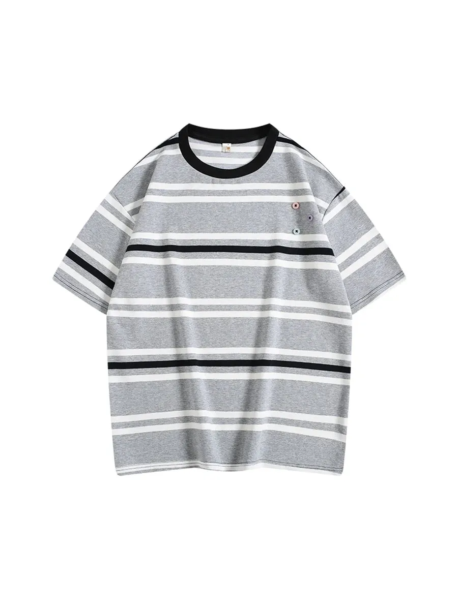 Wiaofellas  -  Men's Colorful Button Striped Cotton Short-sleeved Shirt Trendy Summer Street Loose Casual Versatile Pullovers Tops Male Clothes
