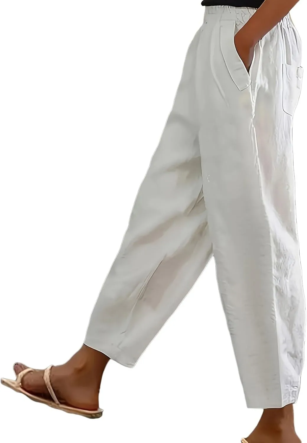 Women's Casual Linen Pants Summer Relax Fit Elastic High Waist Straight Leg Comfy Solid Color Lounge Trouser with