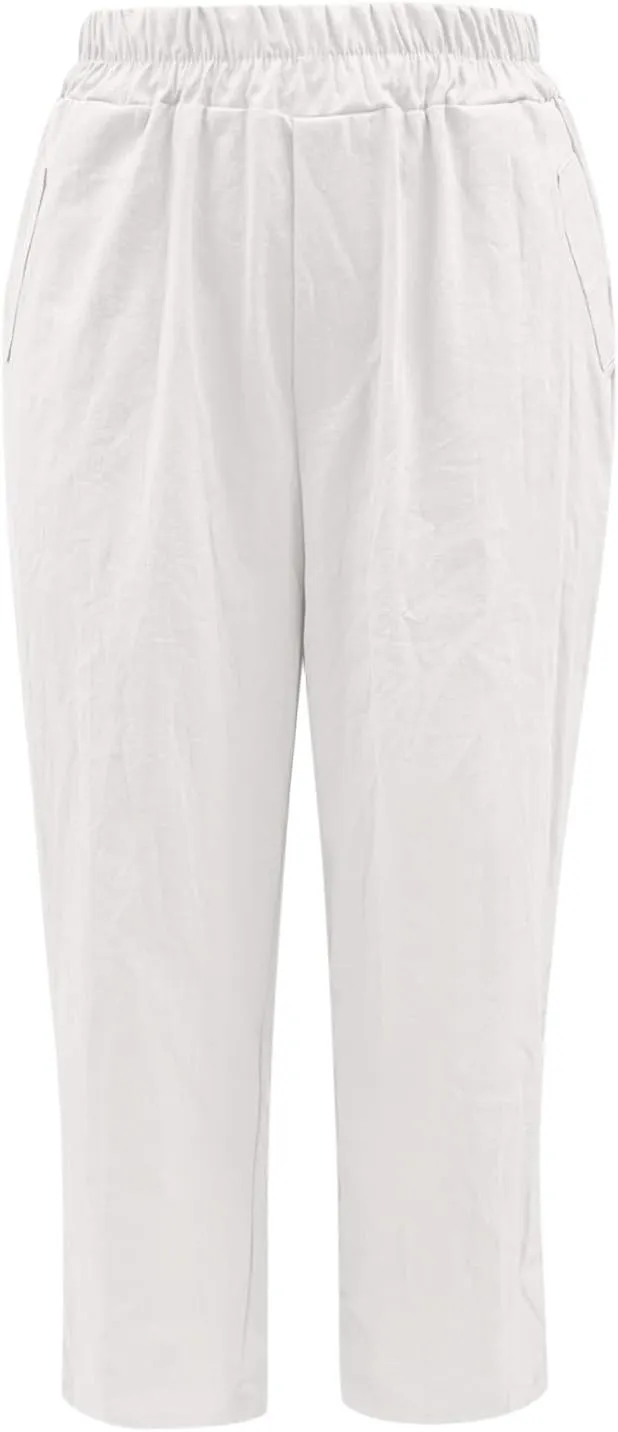 Women's Casual Linen Pants Summer Relax Fit Elastic High Waist Straight Leg Comfy Solid Color Lounge Trouser with